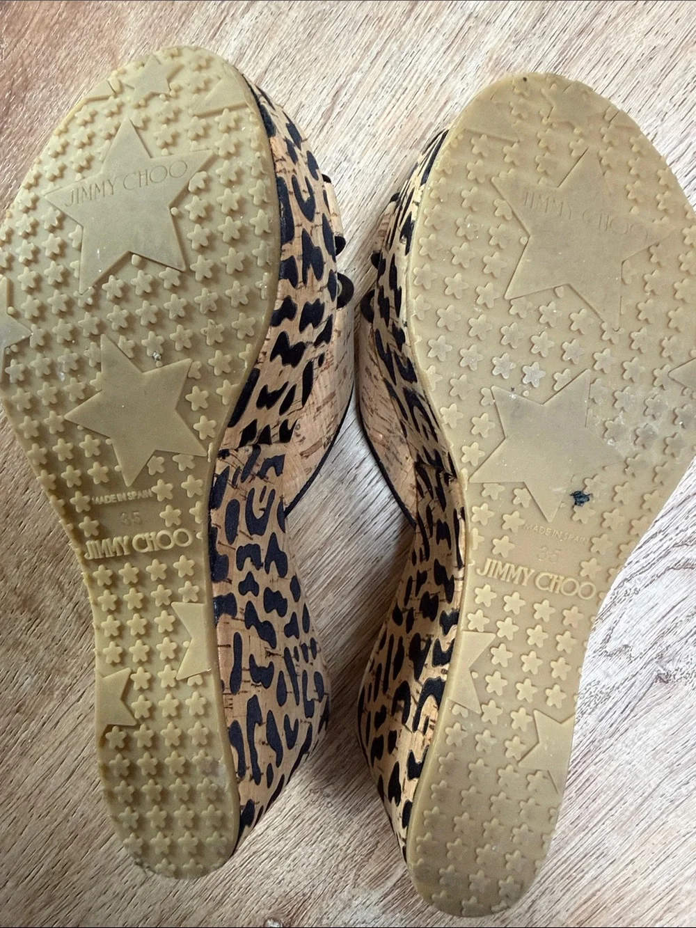 Jimmy Choo Cork Wedge Sandals with Black Trim and Gold Logo